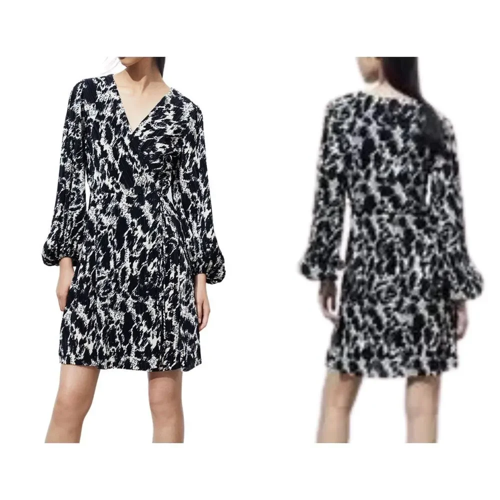 H&M XL Plisse Wrap Dress Black Leopard Print Balloon Sleeve mobwife edgy party